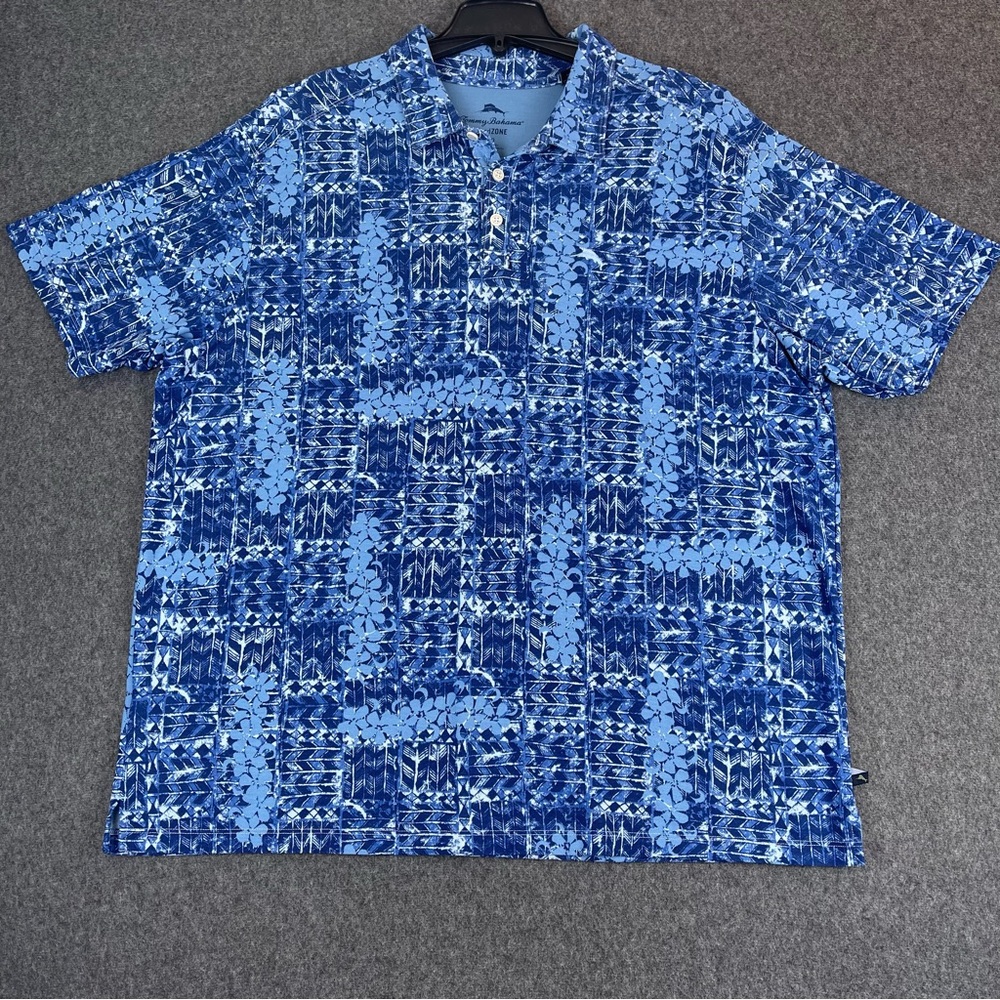 Tommy Bahama Island Zone Blue Floral Polo Shirt Mens 1XB Pima Cotton Blend